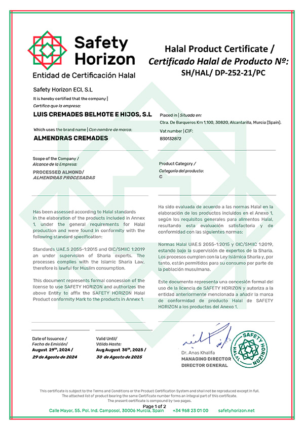 Certificado Halal Producto – Almendras Cremades-1